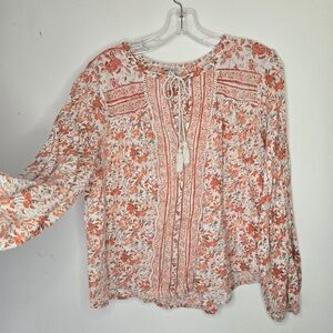 Lucky Brand Floral Boho Peasant Blouse NWT Size Large | Tassel Tie Neck Bohemian